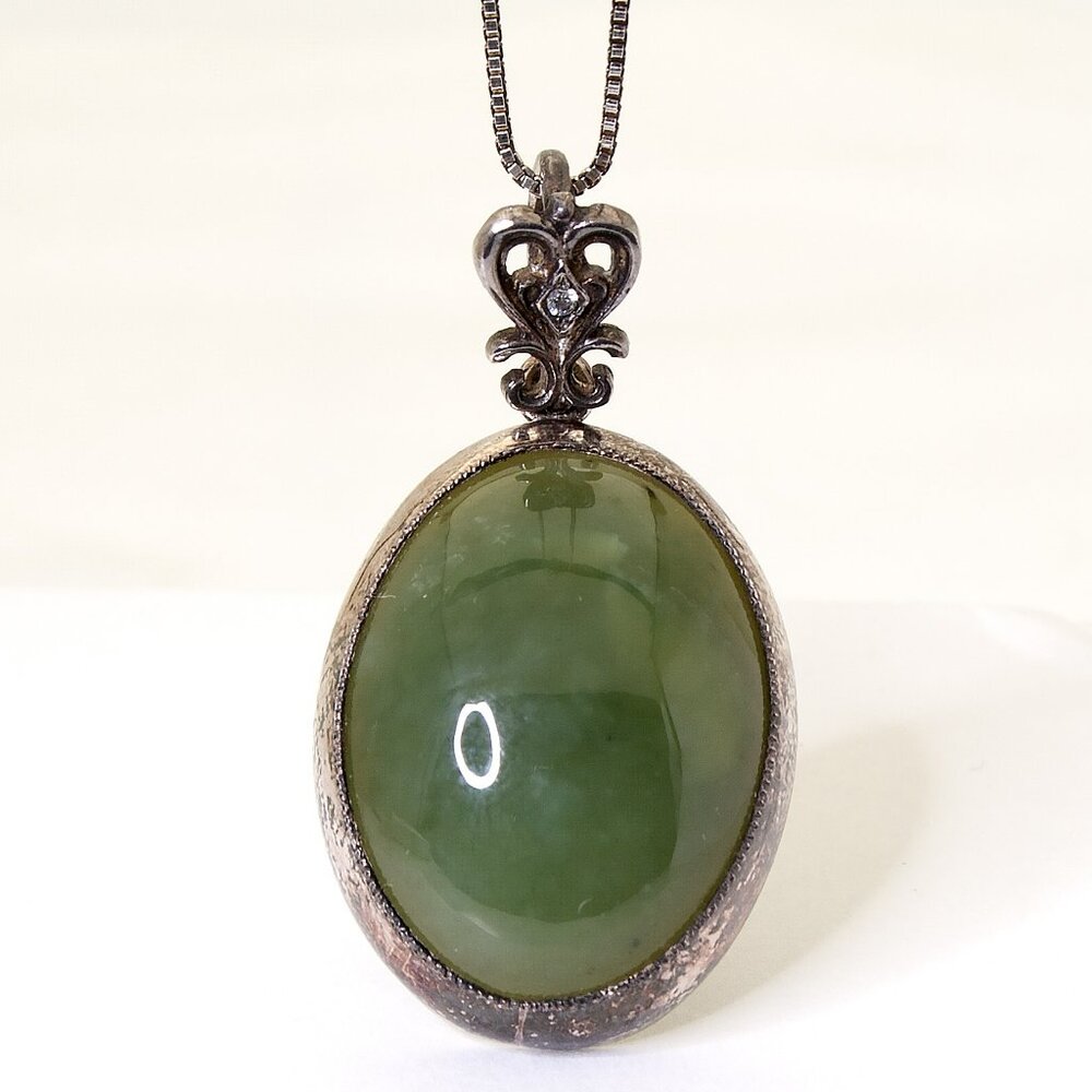 Vintage Natural Green Jade Pendant with CZ, 925 Sterling Silver Siberian Jade